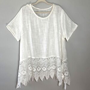 White Cotton Crochet Lace Tunic Top‎ XL Boho Coastal Grandma Shabby Pullover